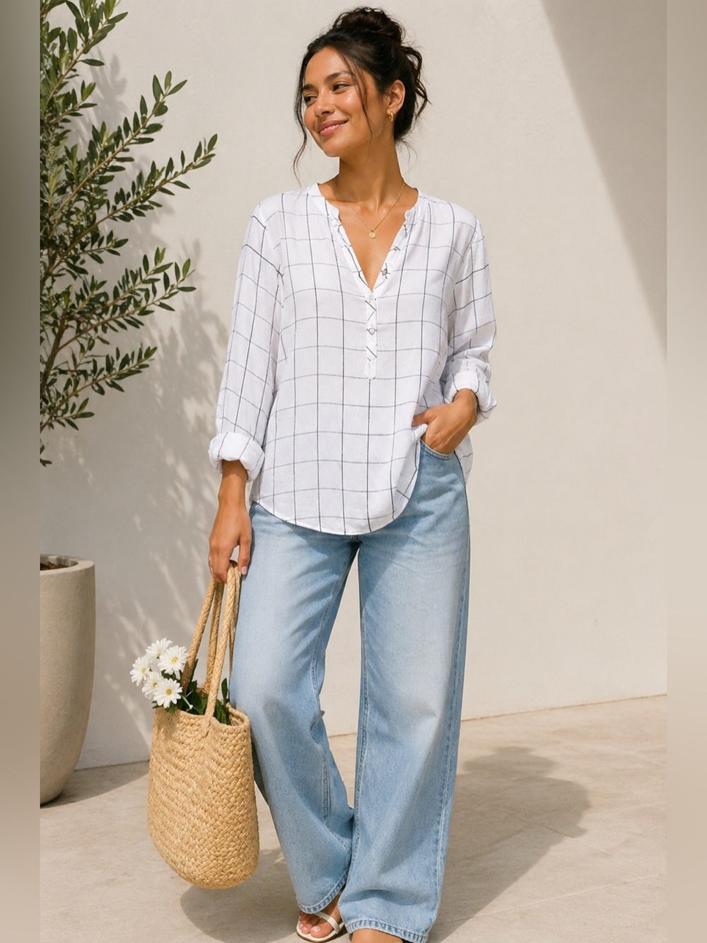 Rails White Grid Blouse L Lightweight Windowpane Shirt Casual Minimalist